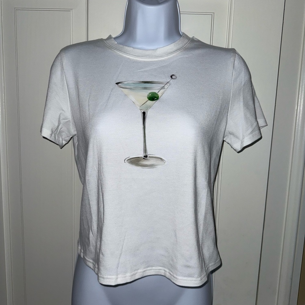 White Graphic Tee with Martini Design